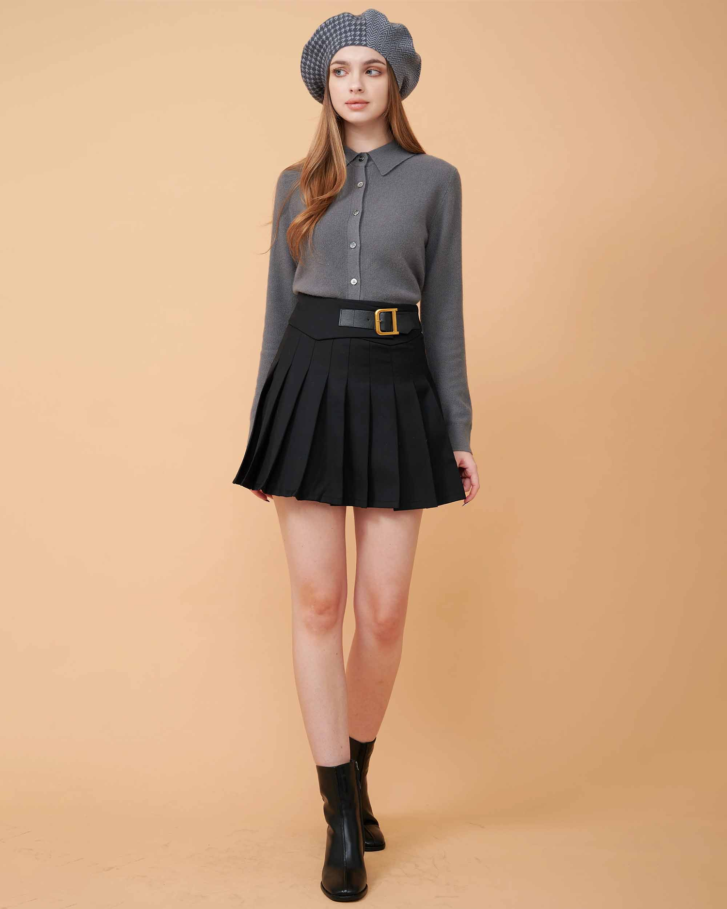 skirt black boots genuine leather fashion sweater hat cap model design luxurious outfit ootd styles photograph clothings online store