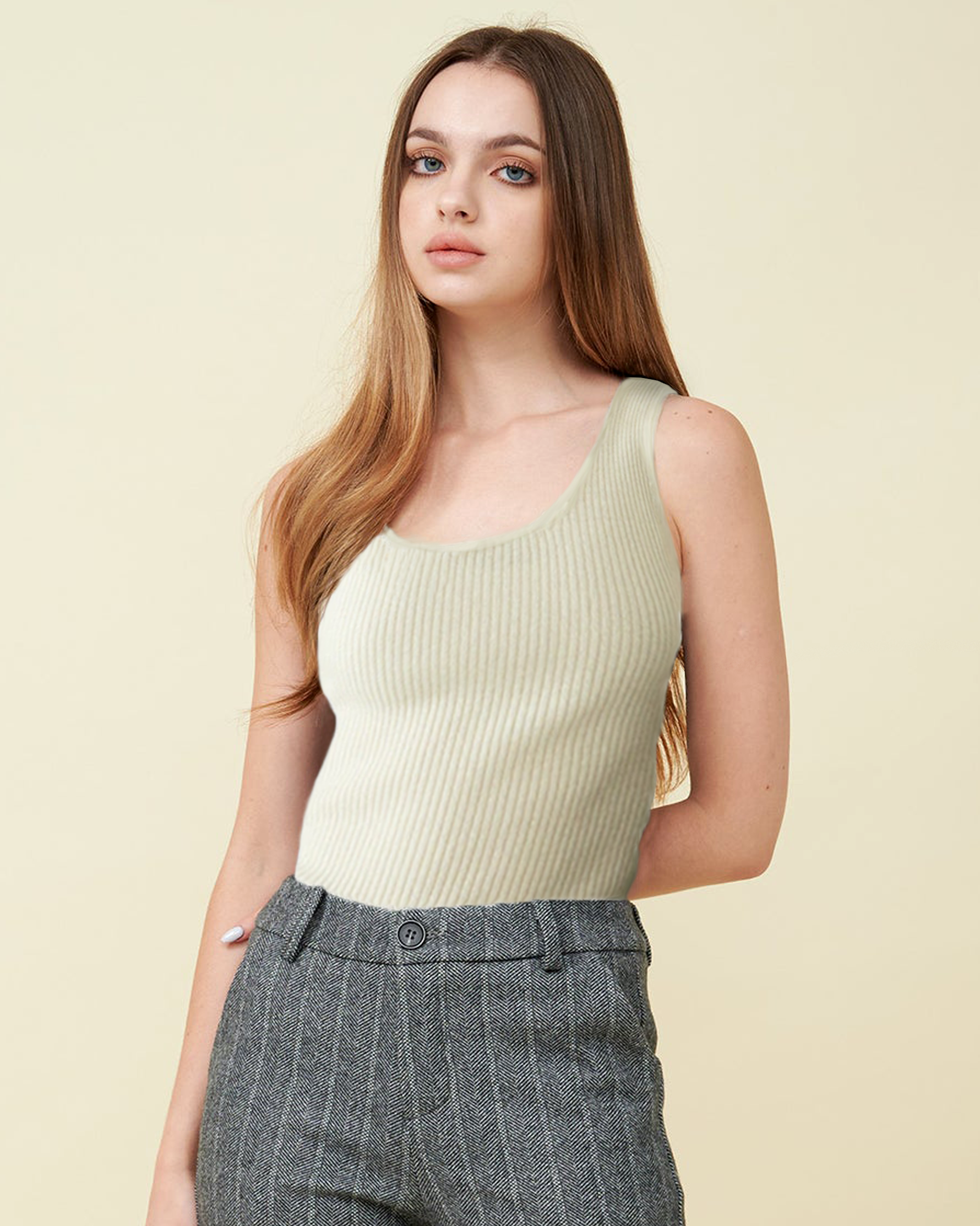 A front view of a ribbed tank top , fully fit , 100% cashmere , soft and comfy , DAVINII