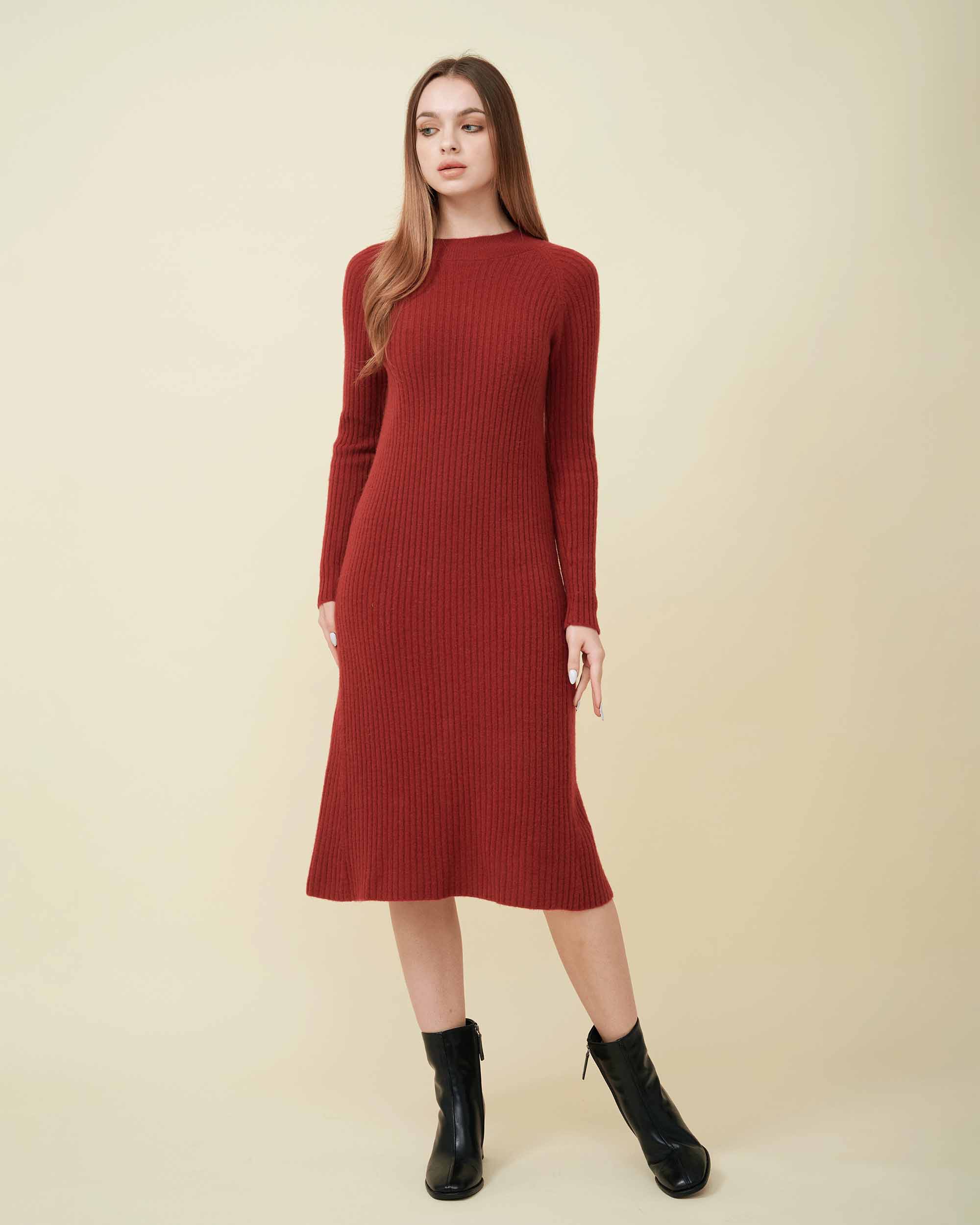 A front view of a wool sweater dress , rib knit texture , Confident look , DAVINII