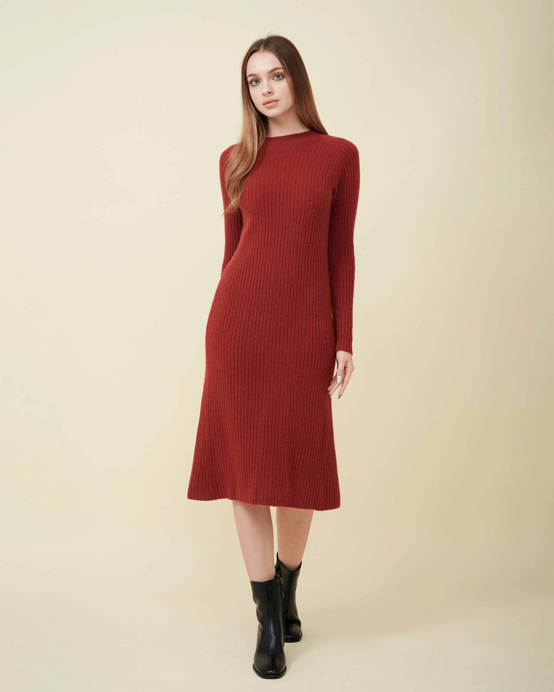 A front view of a wool sweater dress , rib knit texture , Confident look , DAVINII