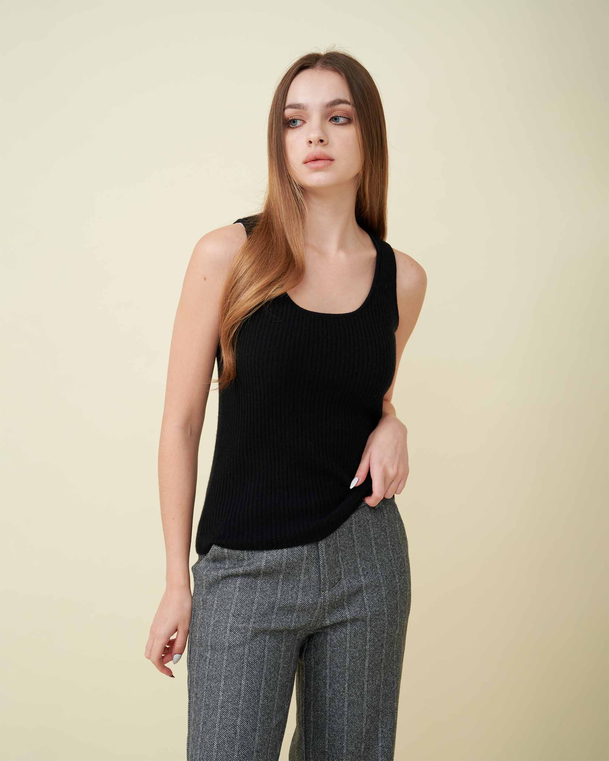 A front view of a ribbed tank top , fully fit , 100% cashmere , soft and comfy , DAVINII
