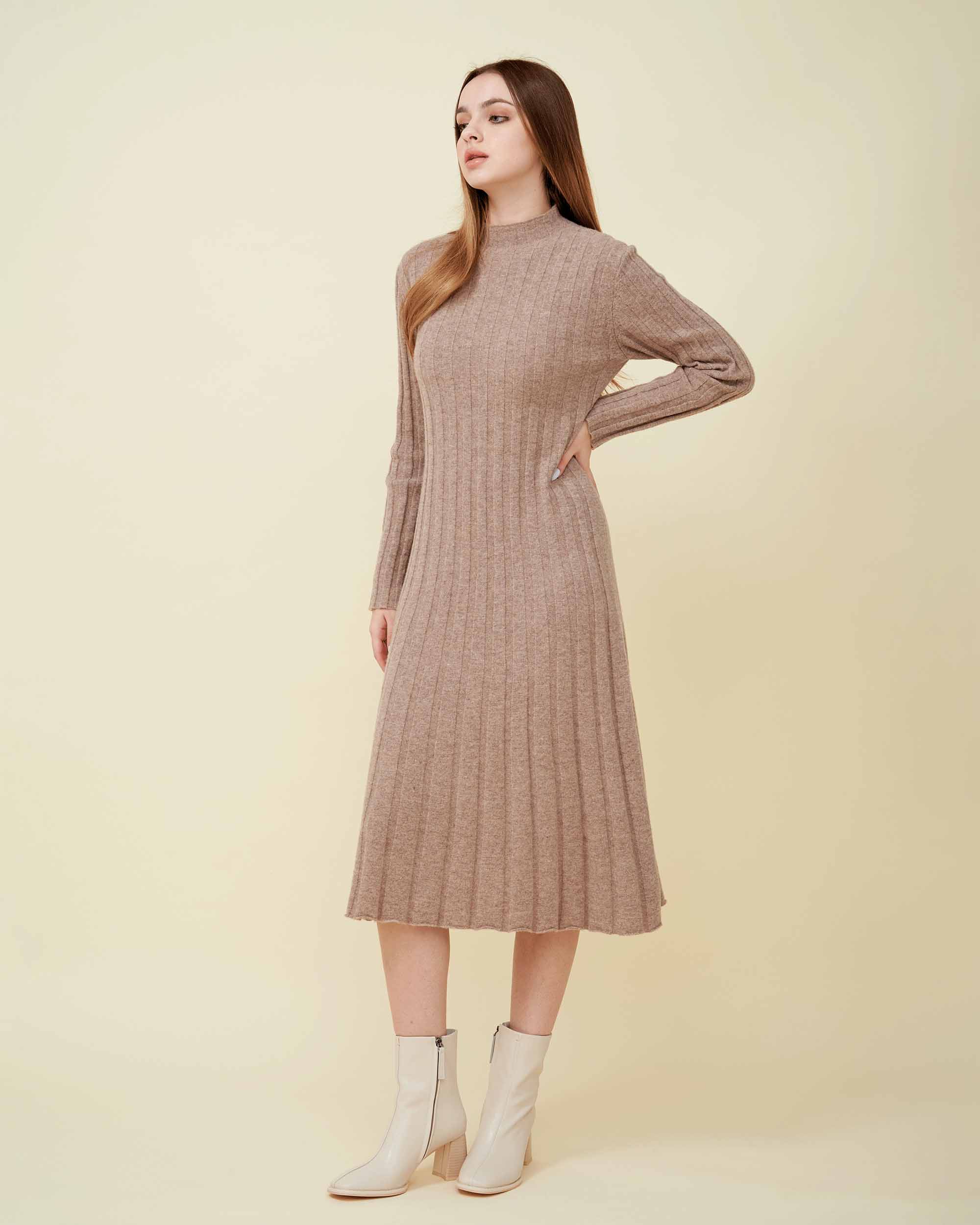 A front view of a wool sweater dress , rib knit texture , Confident look , DAVINII