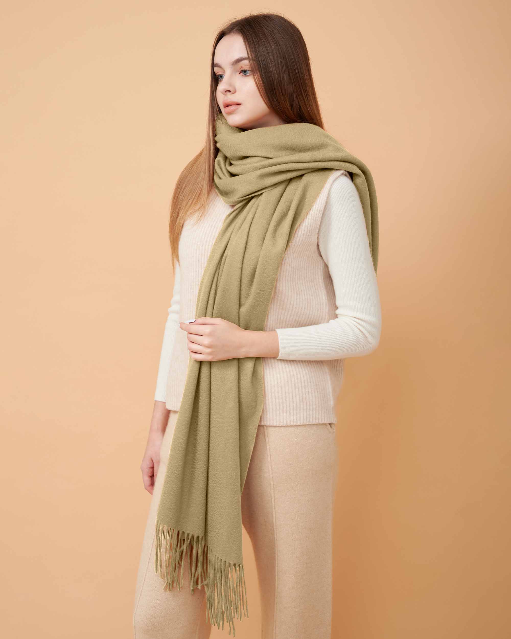 Cashmere Scarf , High Quality Scarf , Cashmere  Tan Scarf , 100% Cashmere Scarf , Scarf For All Seasons , Made By Davinii , Side Image 