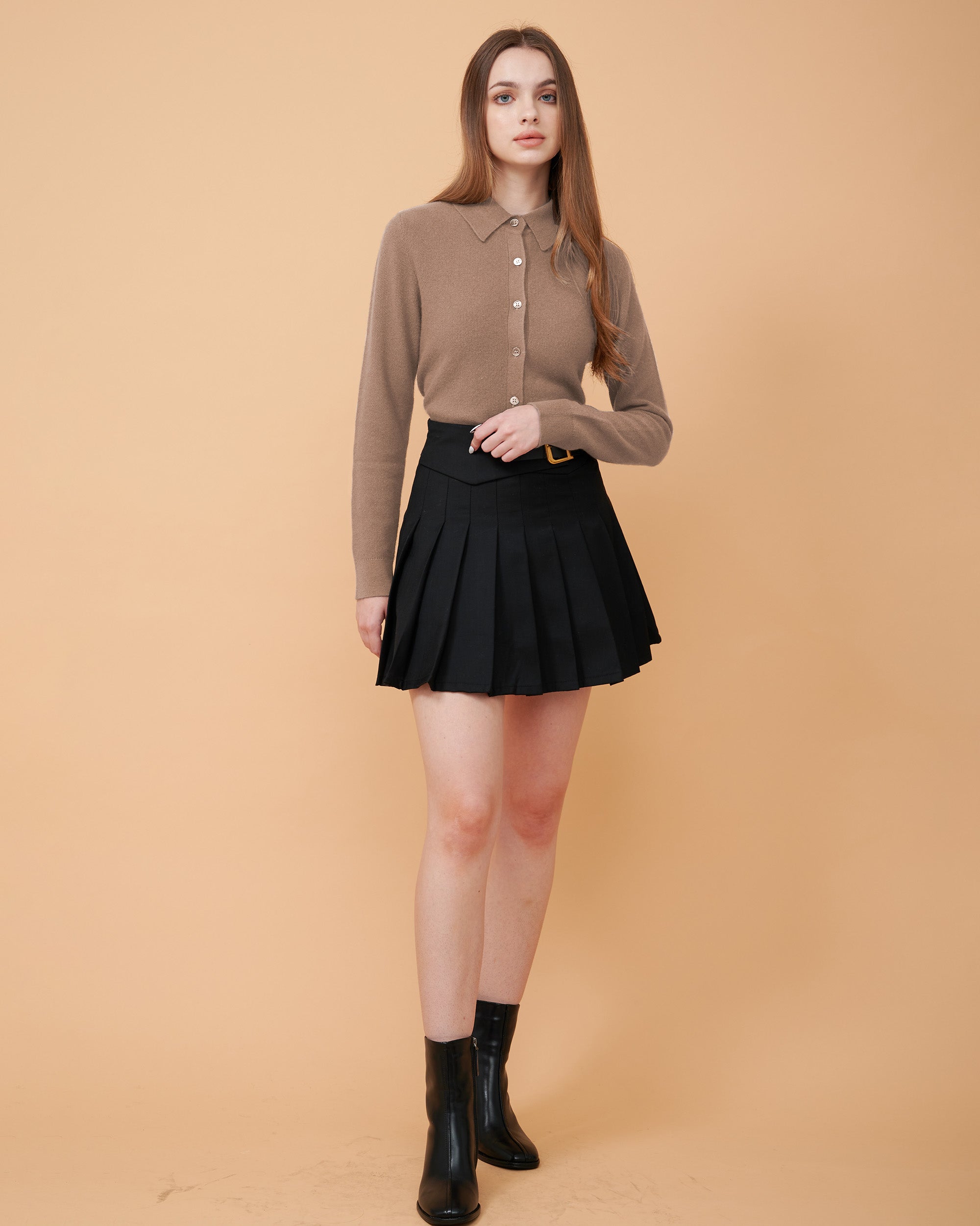 A front view of a button-down cashmere sweater in Chestnut showing the fit , 100% Cashmere ,DAVINII