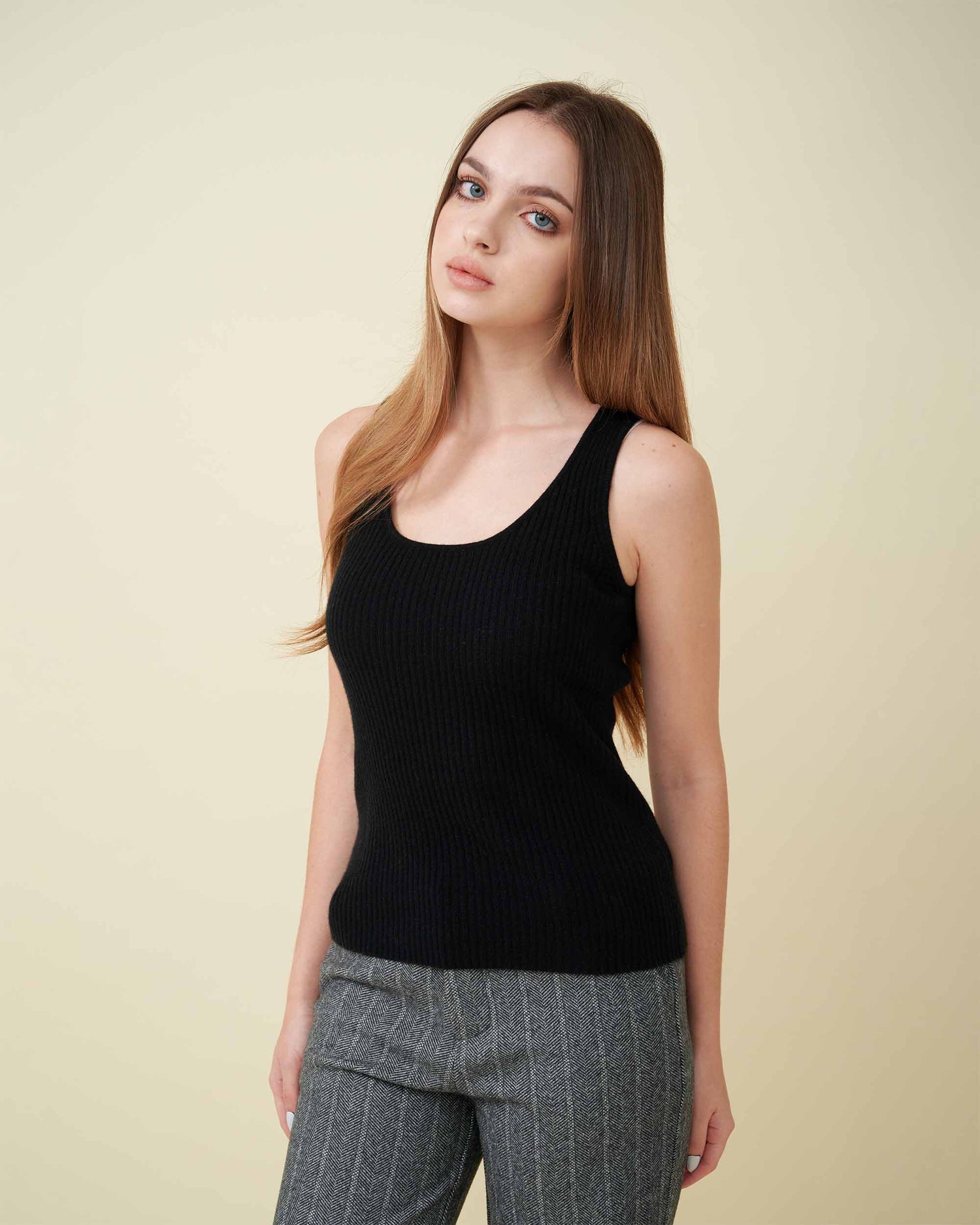 A front view of a ribbed tank top , fully fit , 100% cashmere , soft and comfy , DAVINII