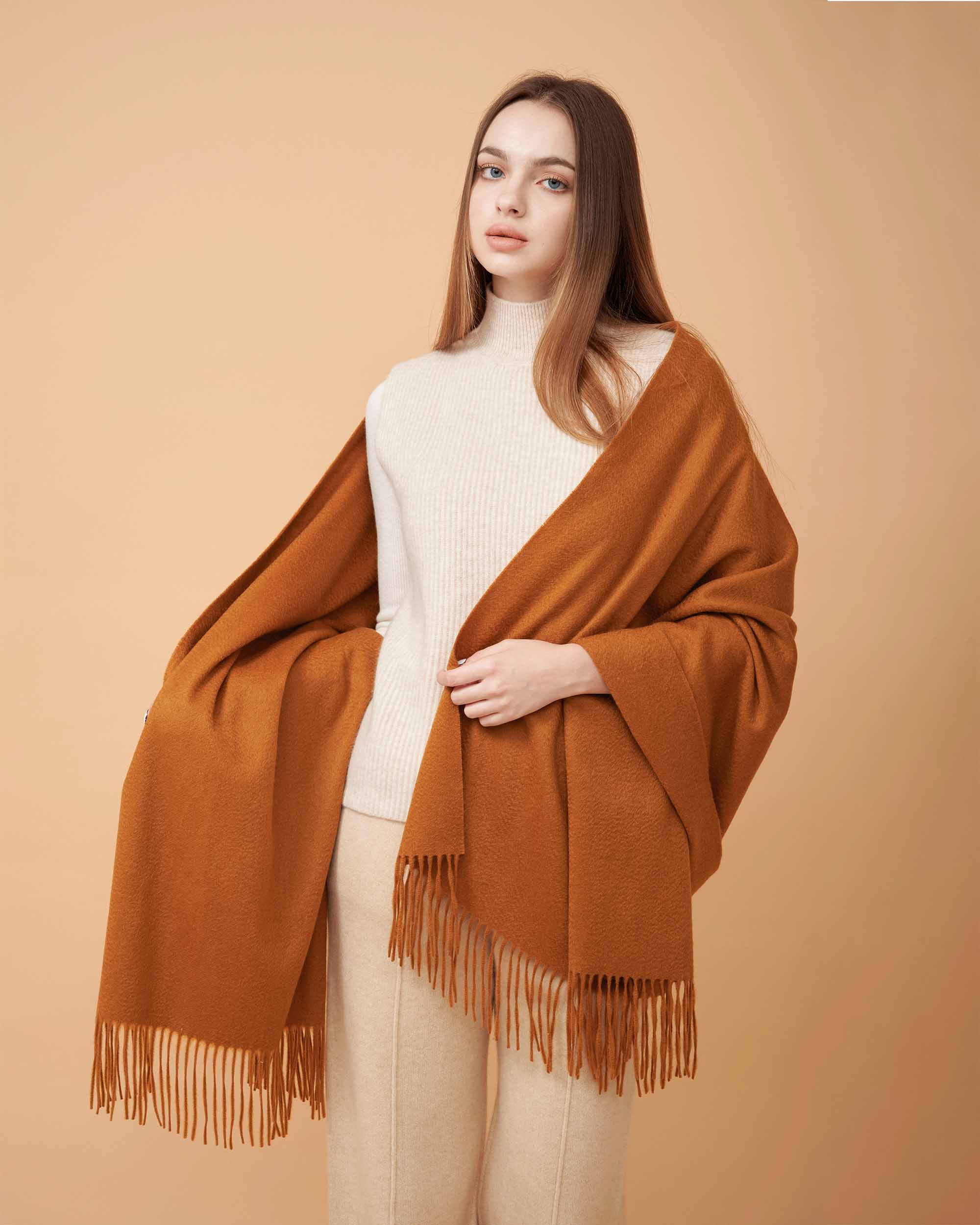 Cashmere Scarf , High Quality Scarf , Cashmere Sienna Brown scarf , 100% Cashmere Scarf , Scarf For All Seasons , Made By Davinii , front Image with posing