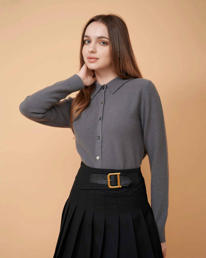 A front view of a button-down cashmere sweater in Grey showing the fit , 100% Cashmere ,DAVINII