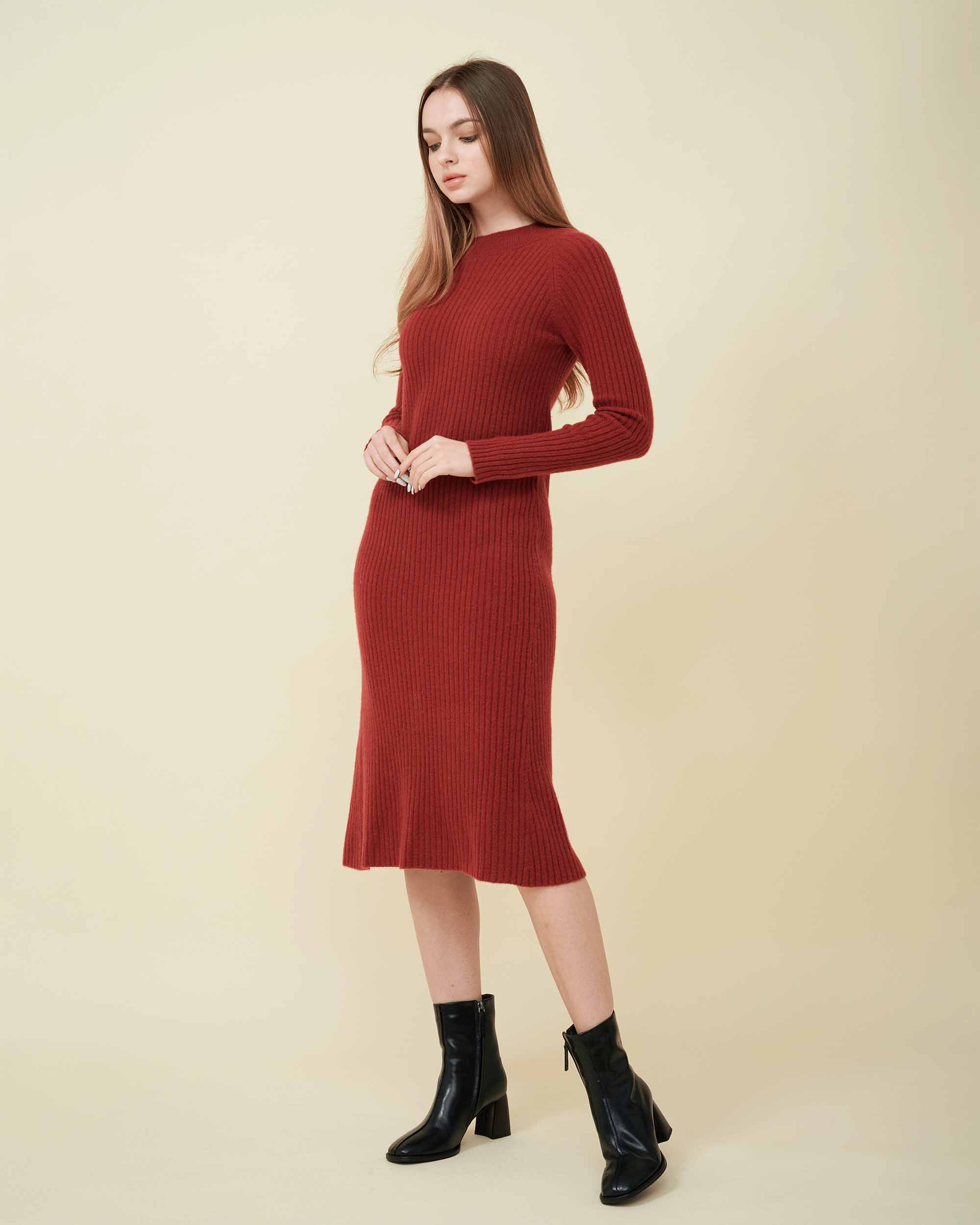 A front view of a wool sweater dress , rib knit texture , Confident look , DAVINII