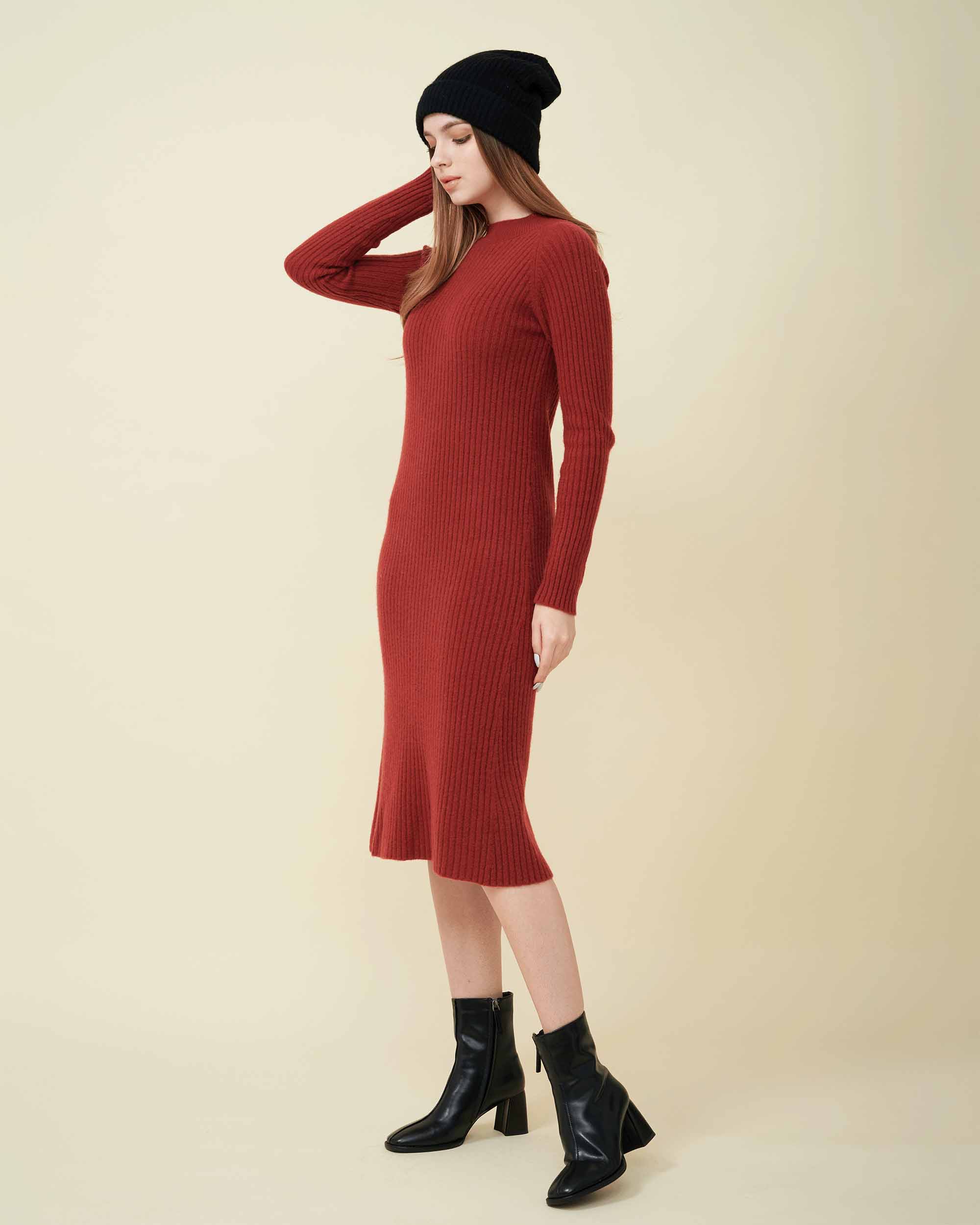 A front view of a wool sweater dress , rib knit texture , Confident look , DAVINII
