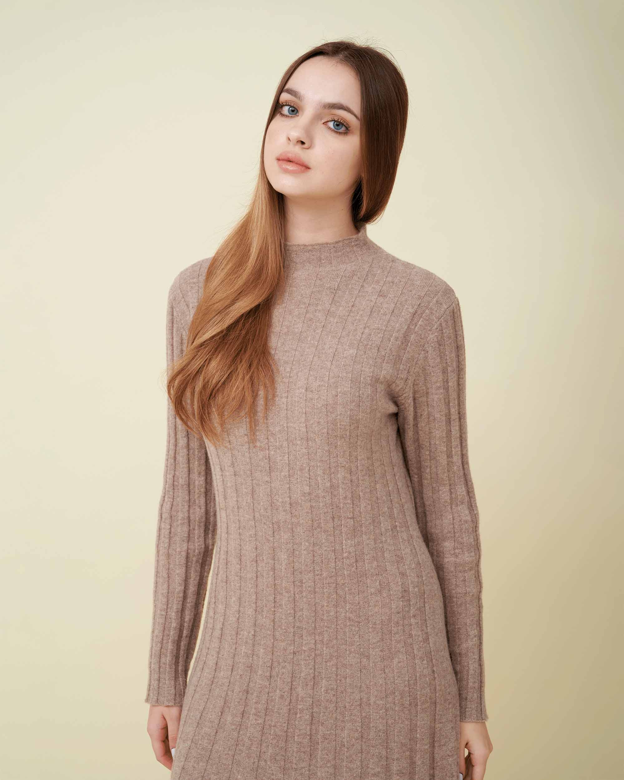 A front view of a wool sweater dress , rib knit texture , Confident look , DAVINII